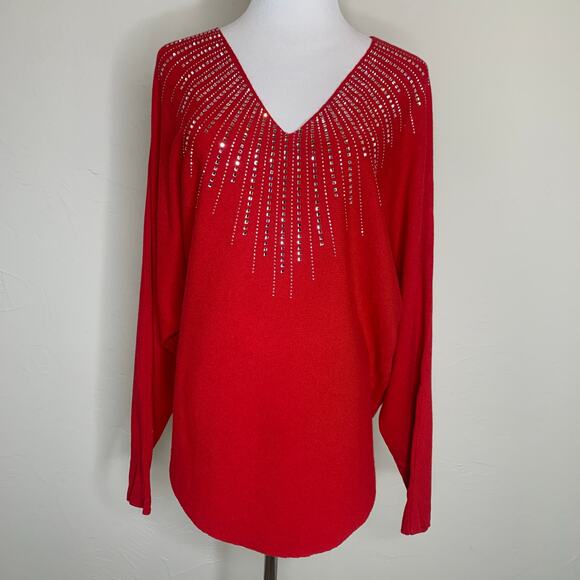 Vila Milano Red Rhinestoned Sweater Sz XL Dolman Sleeve - Picture 1 of 9